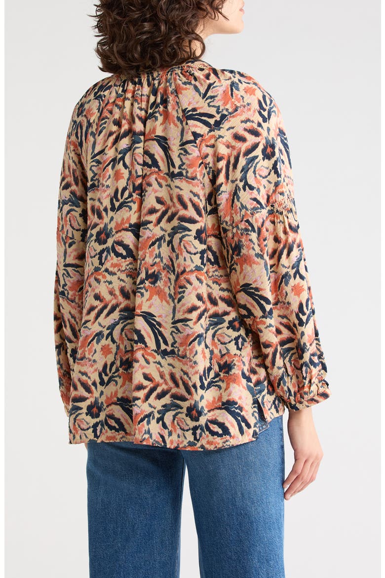 Long Sleeve Printed Popover Top, Alternate, color, TAN- NAVY IKAT BLOSSOM