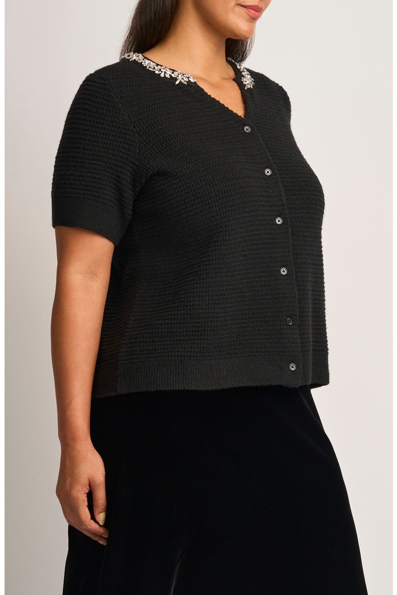 Embellished Short Sleeve Cardigan, Alternate, color, RICH BLACK