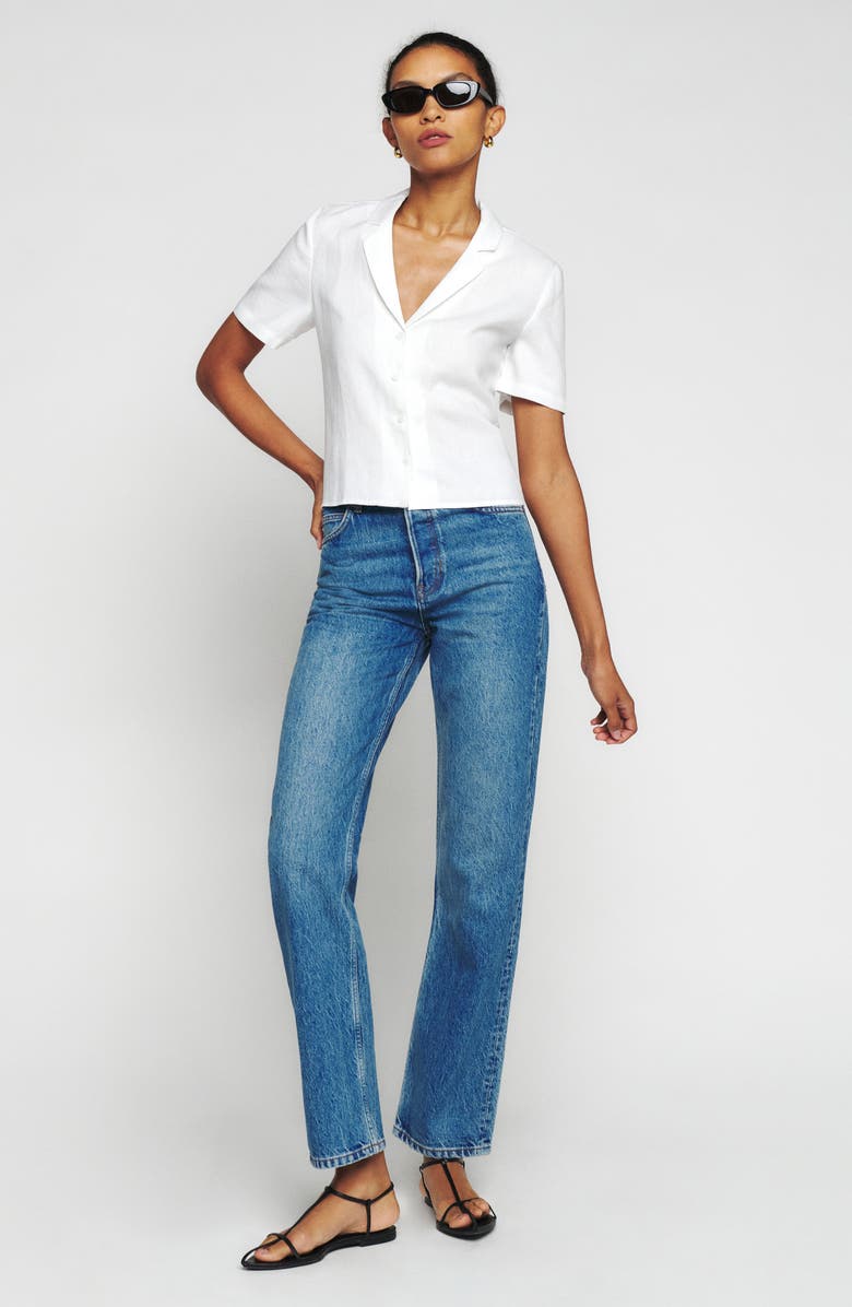 Reformation Short Sleeve Linen Button-Up Shirt, Alternate, color, 