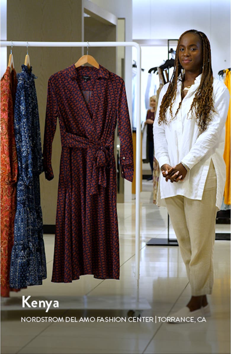 Geo Print Long Sleeve Hammered Satin Midi Shirtdress, sales video thumbnail