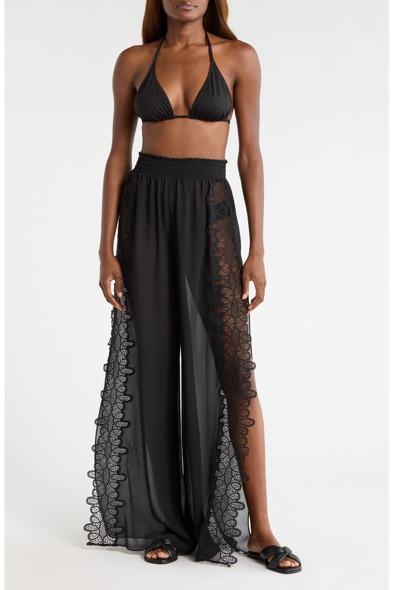 Athena Lace Semisheer Split Hem Wide Leg Cover-Up Pants, Main, color, BLACK