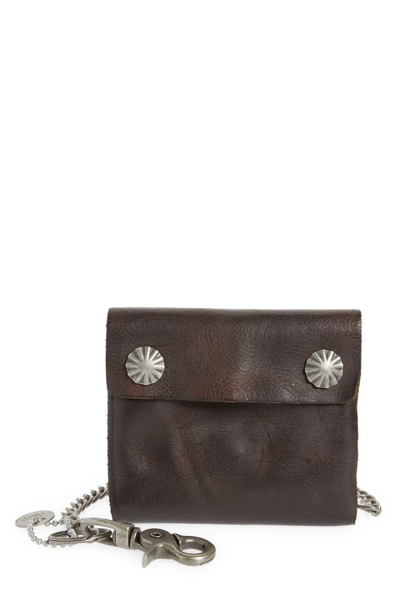 Concho Leather Chain Wallet, Main, color, DARK BROWN