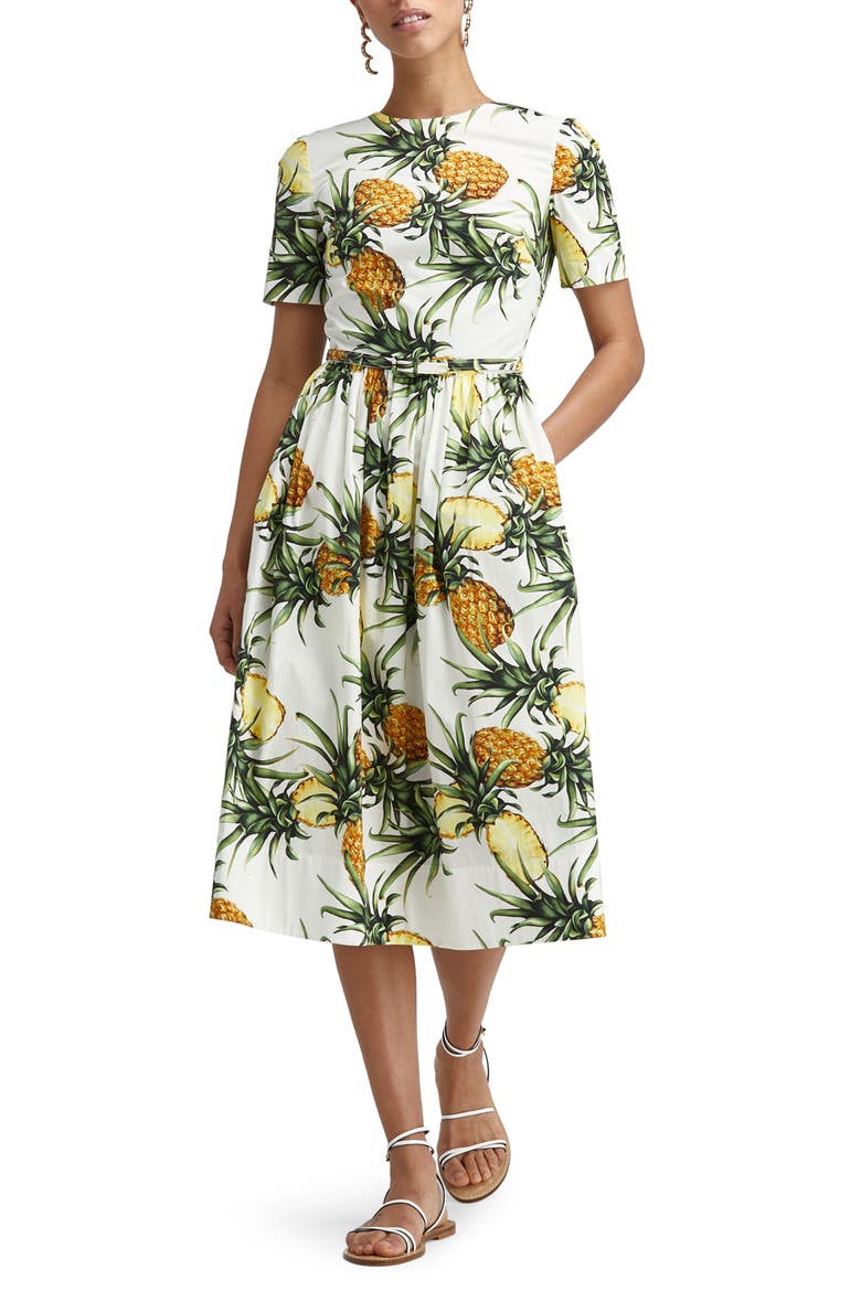 Pineapple Poplin Belted Midi Dress, Main, color, IVORY MULTI