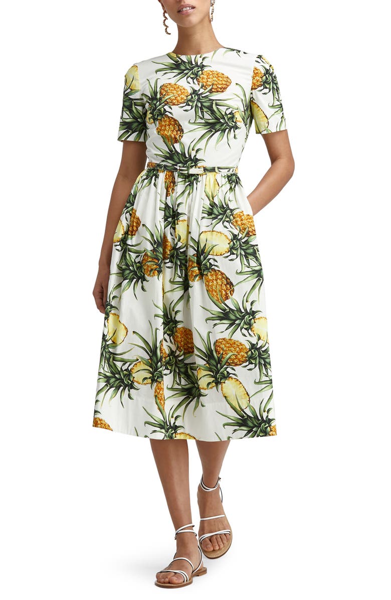 Oscar de la Renta Pineapple Poplin Belted Midi Dress, Main, color, 