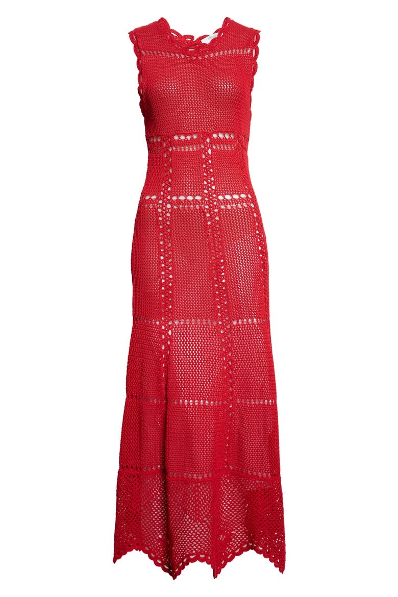 Flared Crochet Cotton Midi Dress, Alternate, color, RUBY RED