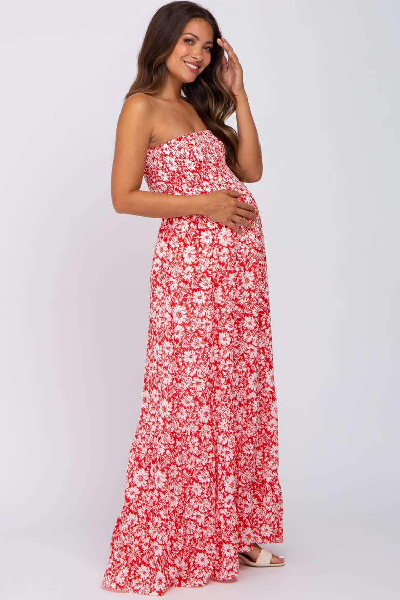 Floral Strapless Smocked Maxi Dress, Alternate, color, Red