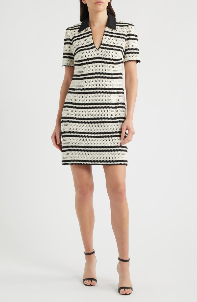 Eliza J Collar Open Stitch Shift Dress, Main, color, Nat Black