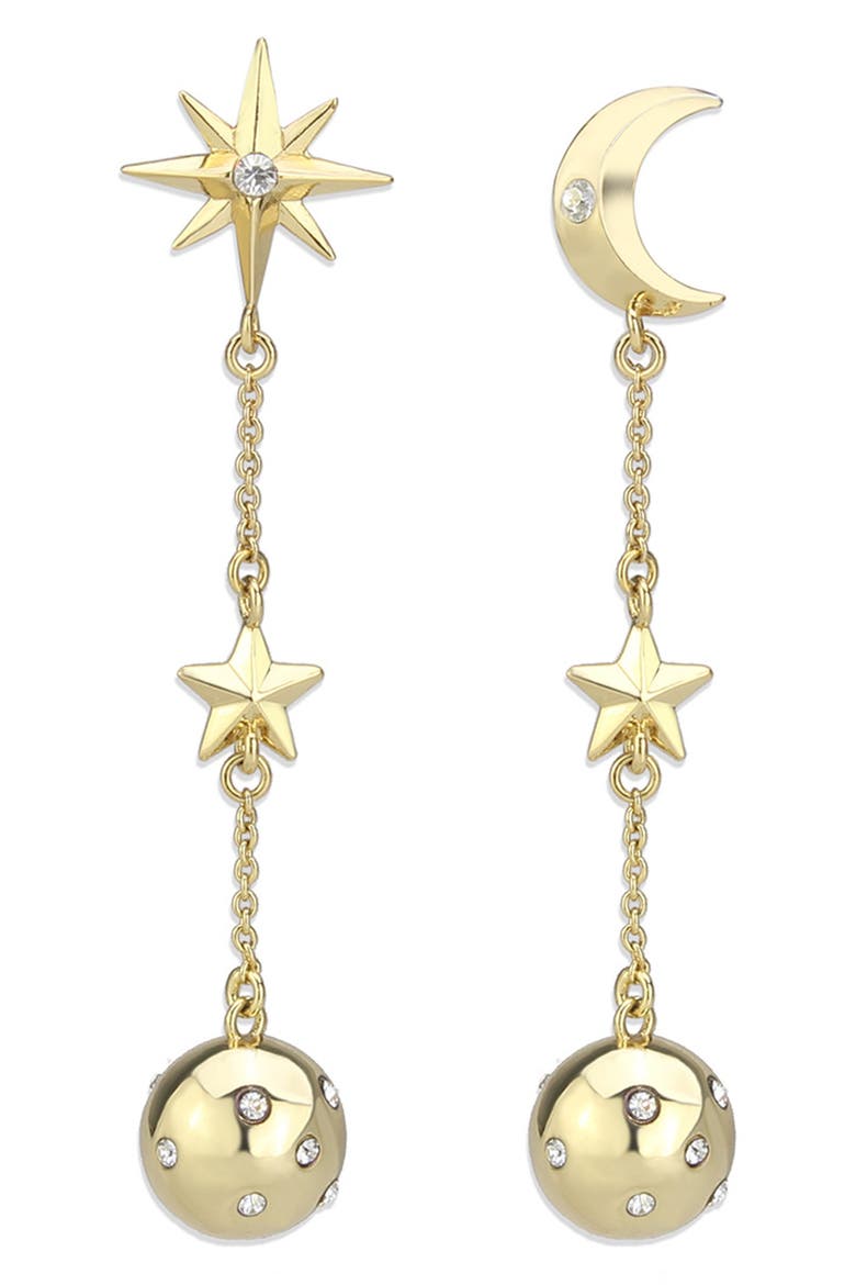 Mismatched Moon & Star Linear Ball Drop Earrings, Alternate, color, GOLD