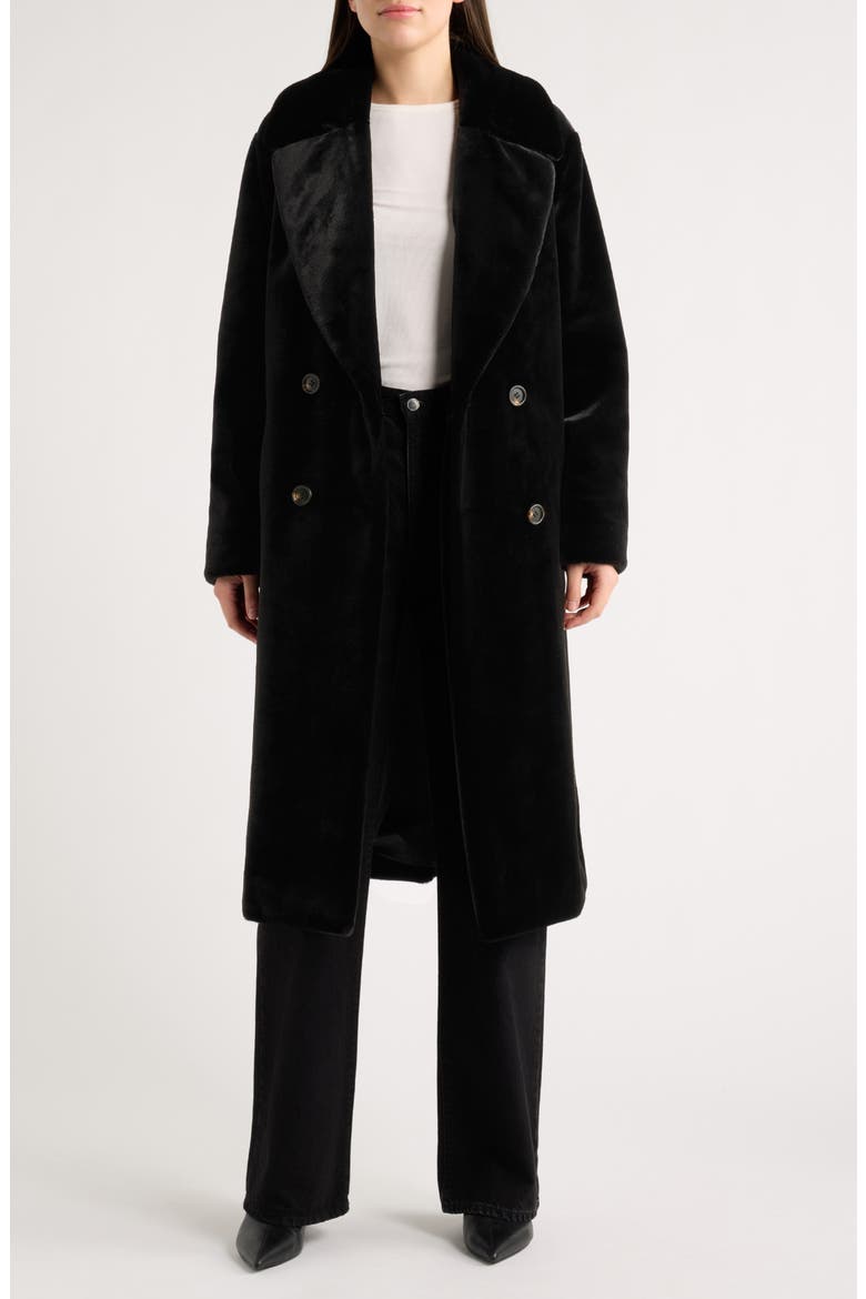 Faux Fur Double Breasted Long Coat, Alternate, color, BLACK