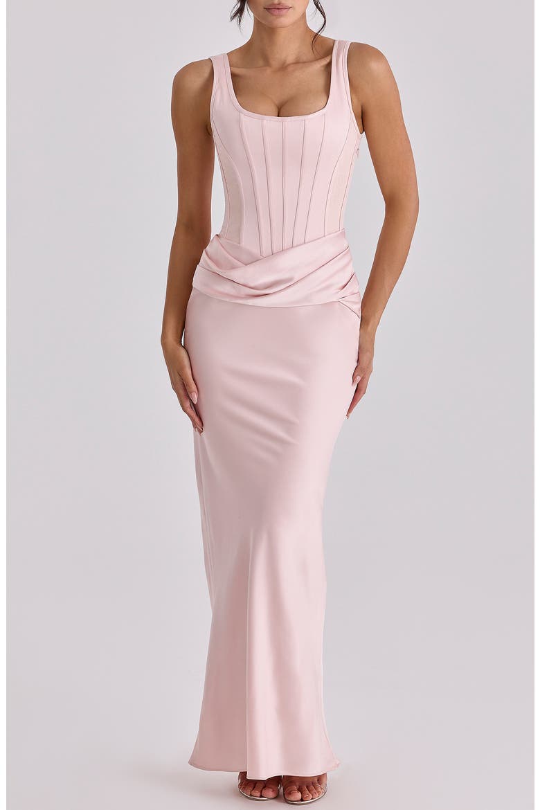 Kira Corset Bodice Satin Gown, Main, color, BLUSH