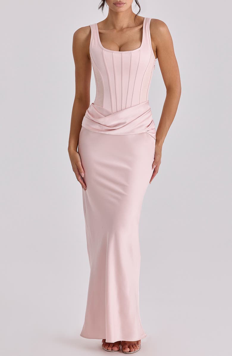 HOUSE OF CB Kira Corset Bodice Satin Gown, Main, color, Blush