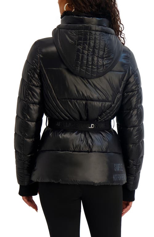 Karl Lagerfeld Paris Logo Tape Belted Quilted Puffer Jacket In Blue
