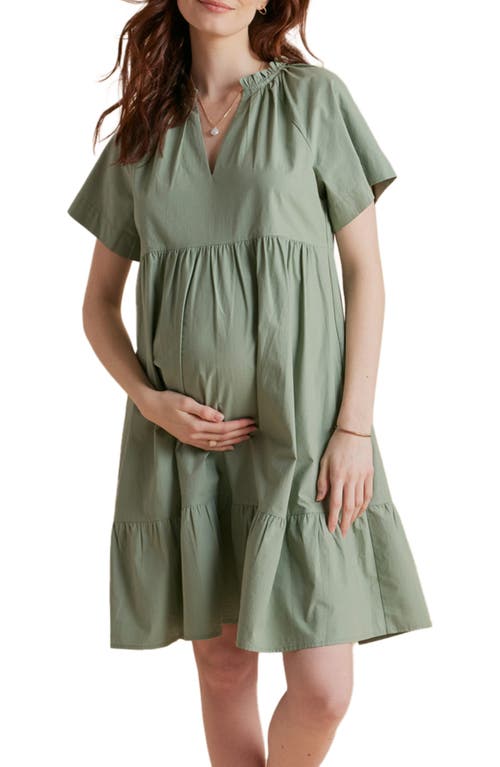 A PEA IN THE POD Tiered Cotton Maternity Dress in Deep Sage 