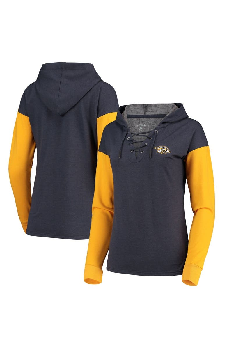 ANTIGUA Women's Antigua Heathered Navy/Gold Nashville Predators Amaze Lace-Up Hoodie Tri-Blend Long Sleeve T-Shirt, Main, color, 