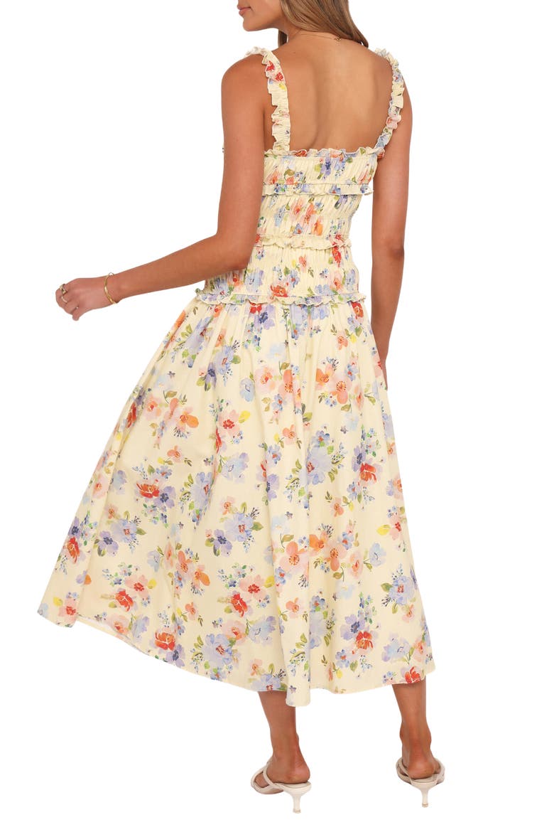 Enola Shirred Ruffle Trim Midi Dress, Alternate, color, YELLOW FLORAL