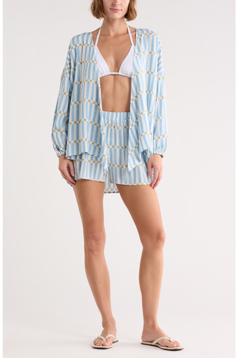 Flowy Beach Cover-Up Cardigan & Shorts Set, Main, color, BLUE STRIPE TAN CHECK