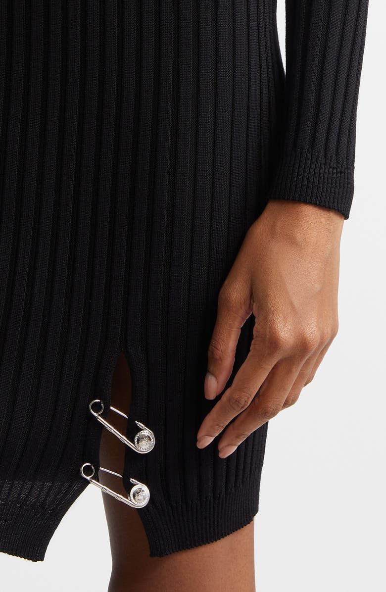 Versace Safety Pin Detail Virgin Wool Blend Rib Sweater Dress, Alternate, color, 