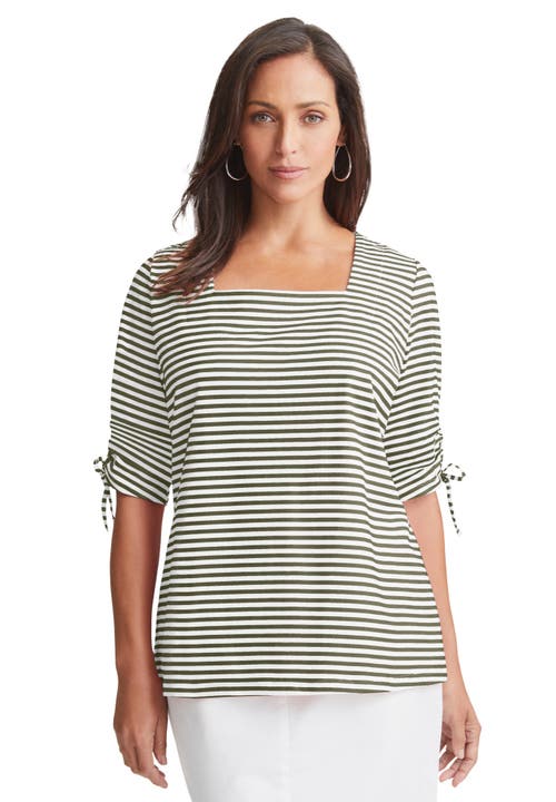 Jessica London Stretch Cotton Tie Sleeve Square Neck Tee In Multi