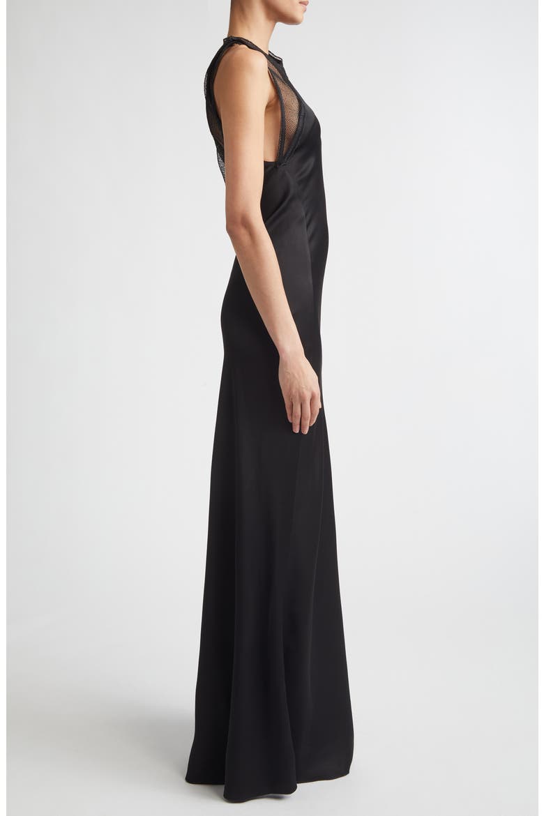 Asymmetric Mesh Trim Trumpet Gown, Alternate, color, BLACK