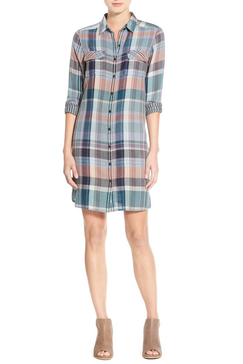 Plaid Cotton Two-Pocket Shirtdress, Main, color, TEAL BRITT PLAID