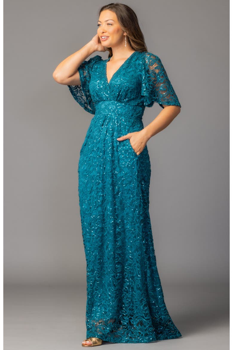 Luminous Sequin Lace Evening Gown, Alternate, color, Teal Topaz