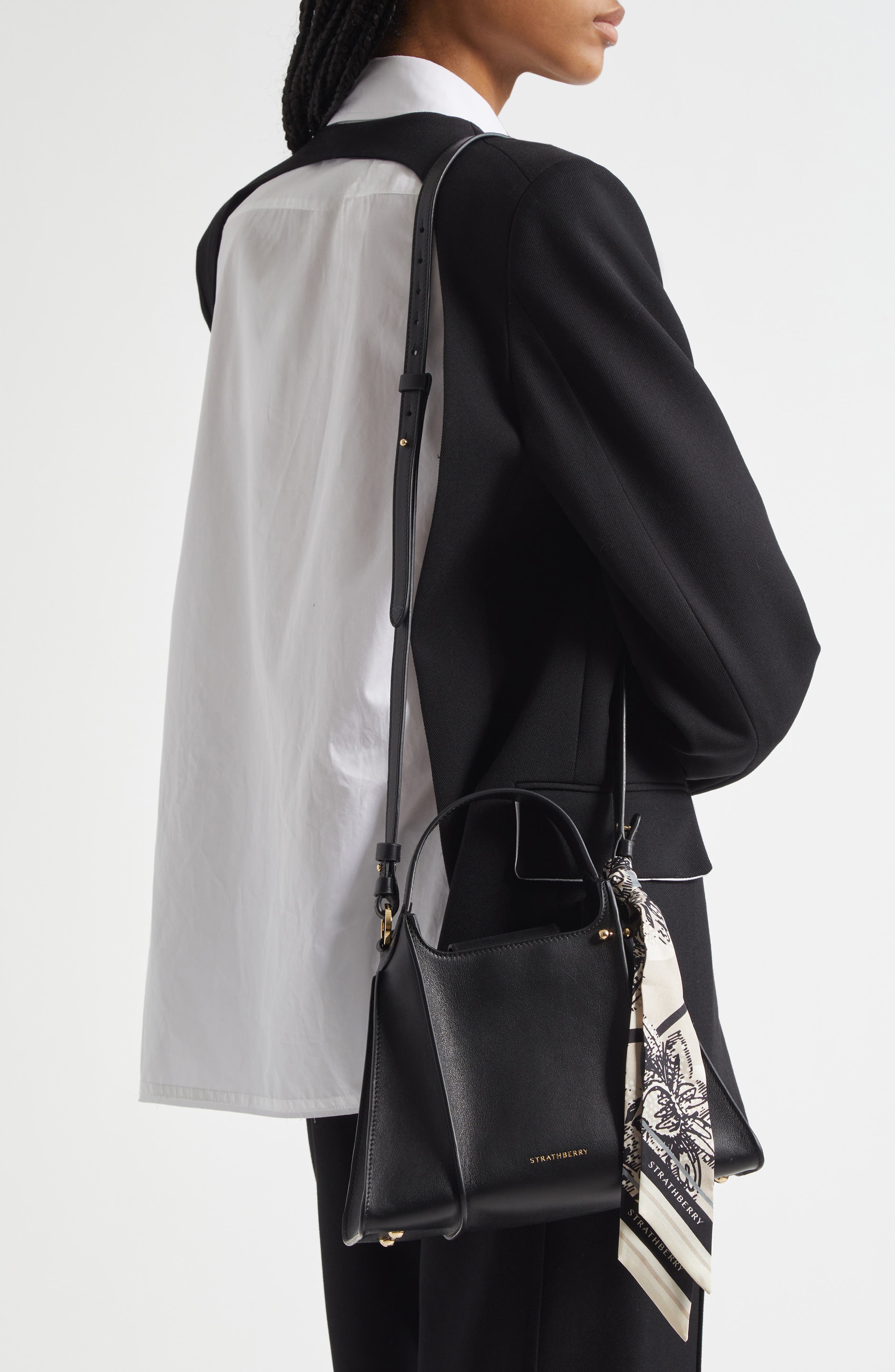 Strathberry Arkshell Top Handle Leather Bag, Alternate, color, Black