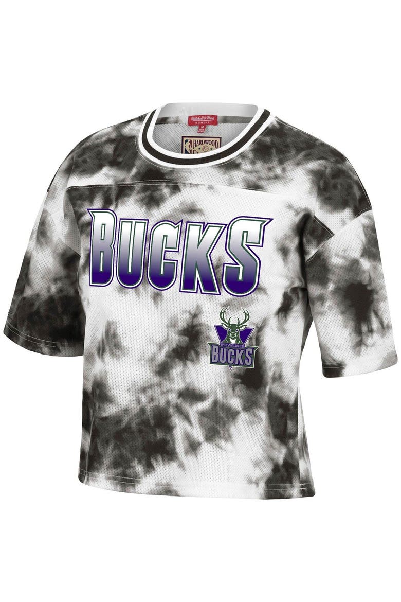 Women's Mitchell & Ness Black/White Milwaukee Bucks Hardwood Classics Tie-Dye Cropped T-Shirt, Alternate, color, BLACK