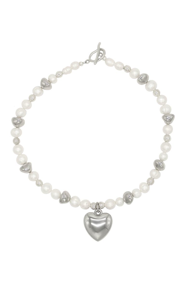 Pearl Necklace With Steel Heart Charm, Main, color, White