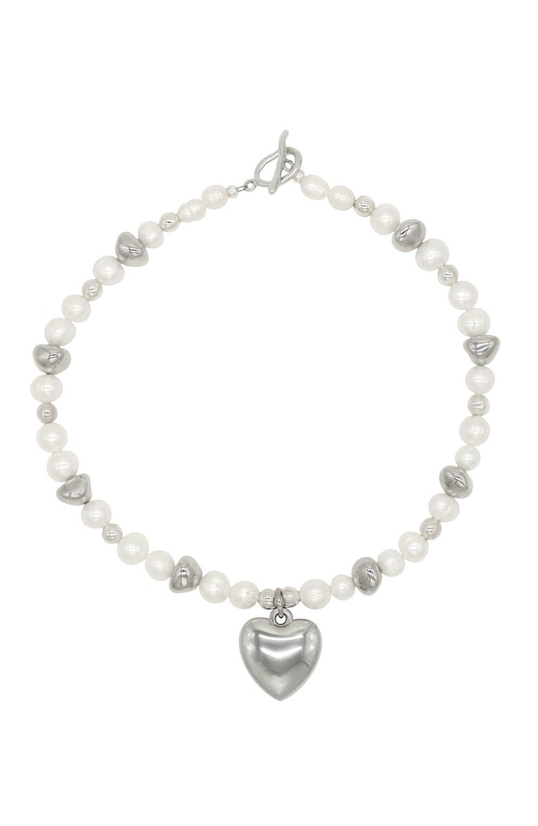 Velvet Luna Pearl Necklace With Steel Heart Charm, Main, color, White