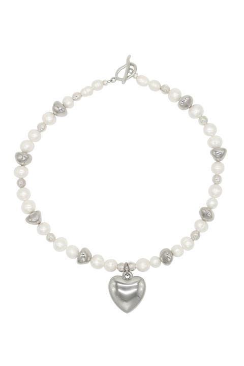 Pearl Necklace With Steel Heart Charm