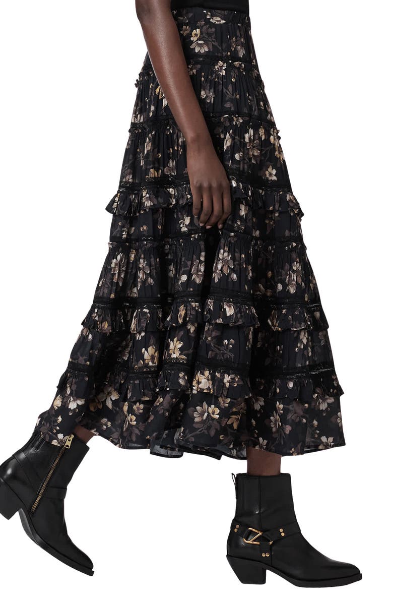 AllSaints Talia Floral Print Ruffle Lace Maxi Skirt, Alternate, color, Vine Black