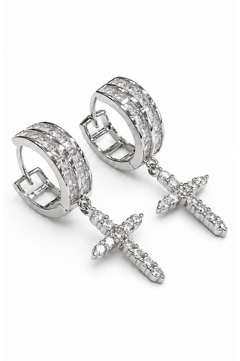 Cross Huggie Hoop Earrings, Alternate, color, SILVER PLATED