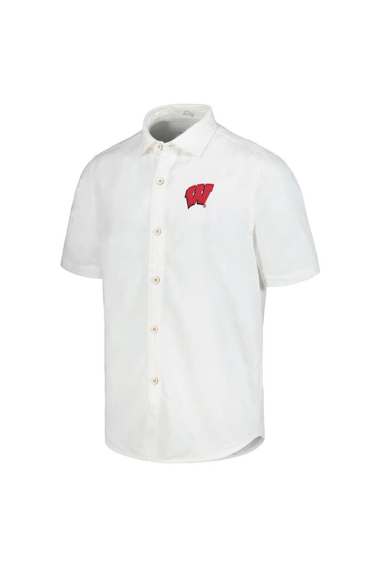 Men's Tommy Bahama White Wisconsin Badgers Coconut Point Palm Vista IslandZone Camp Button-Up Shirt, Alternate, color, White
