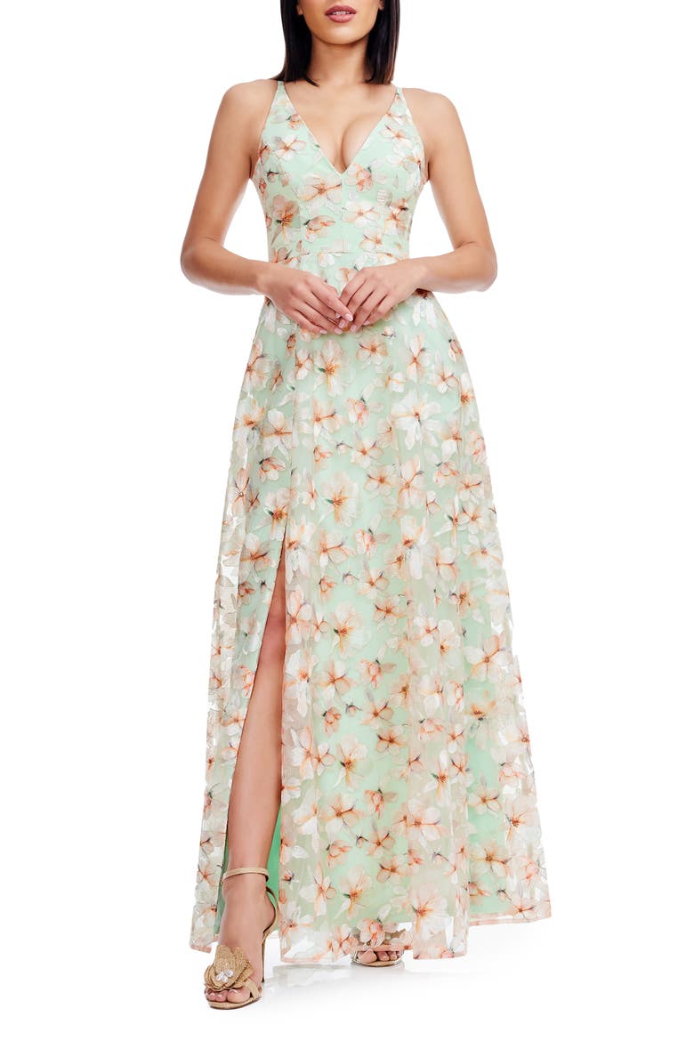 Alyssa Embroidered Floral Gown, Main, color, SAGE MULTI