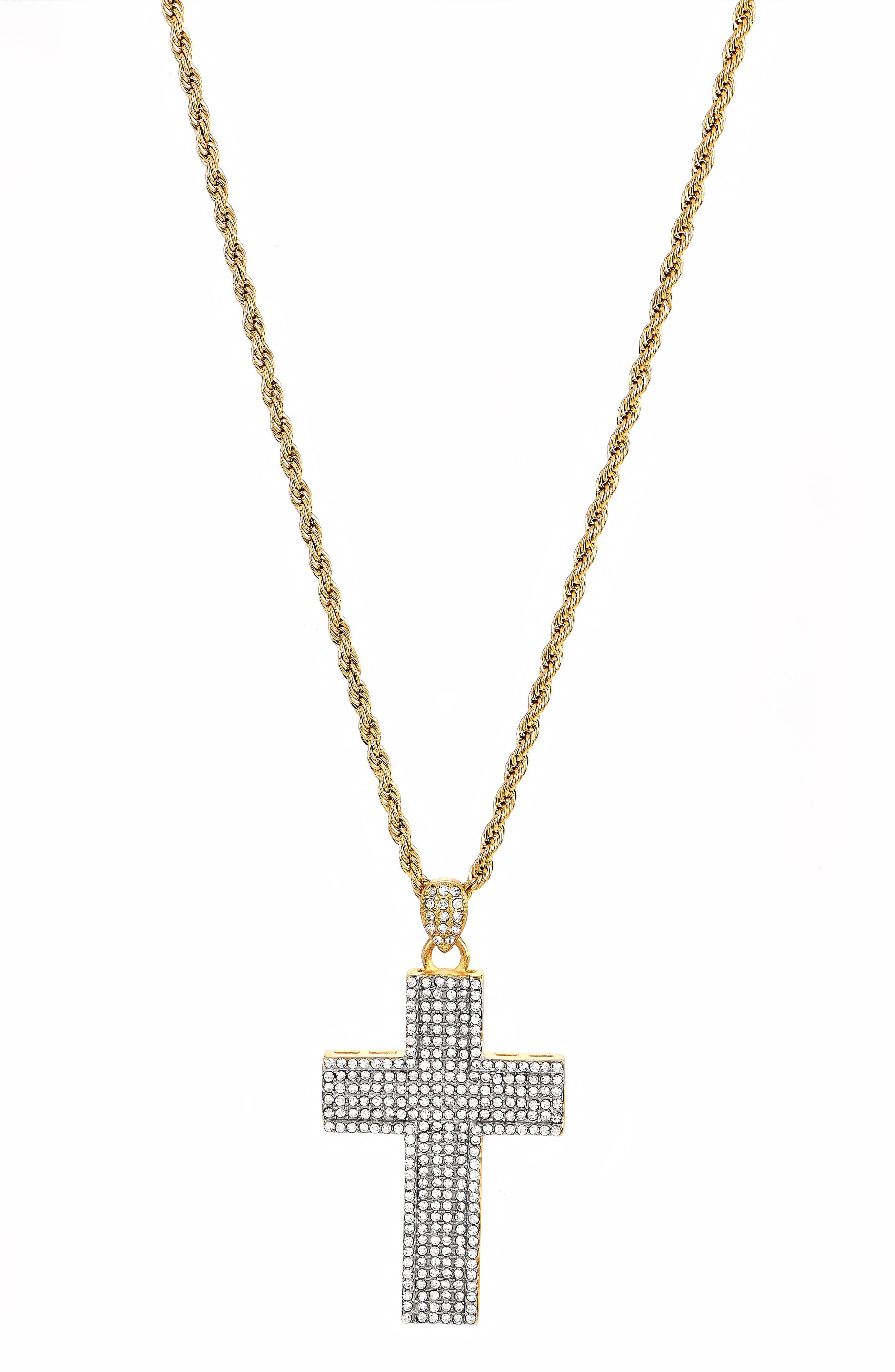 AMERICAN EXCHANGE Men's Two-Tone Stainless Steel Pavé Cubic Zirconia Cross Pendant Necklace