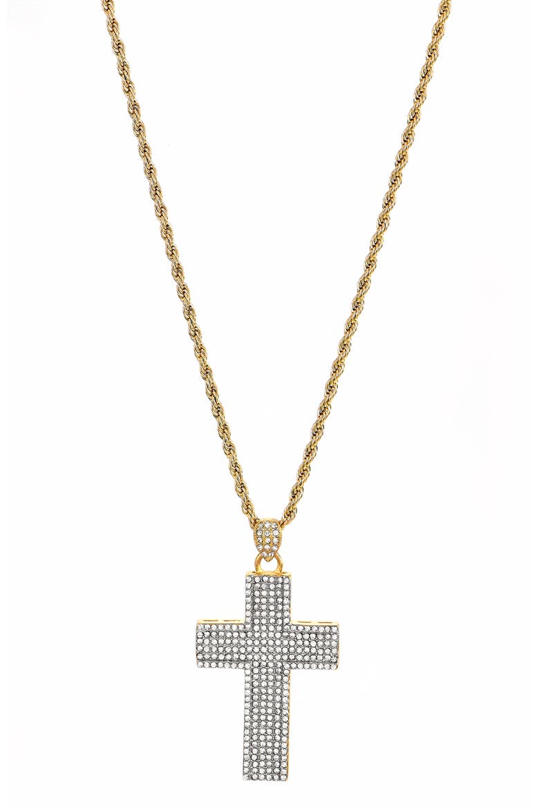 Men's Two-Tone Stainless Steel Pavé Cubic Zirconia Cross Pendant Necklace, Main, color, GOLD/ SILVER