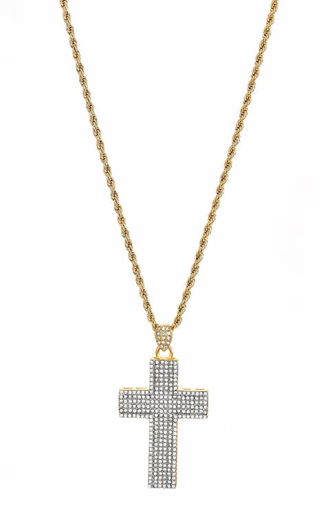 Men's Two-Tone Stainless Steel Pavé Cubic Zirconia Cross Pendant Necklace