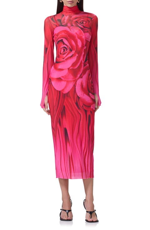 Shailene Print Long Sleeve Powermesh Midi Dress