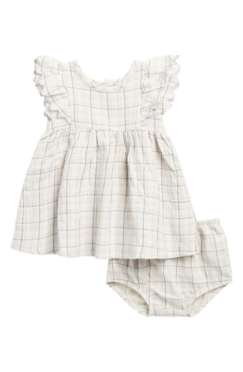 QUINCY MAE Alina Plaid Ruffle Organic Cotton Dress with Bloomers, Main, color, Blue
