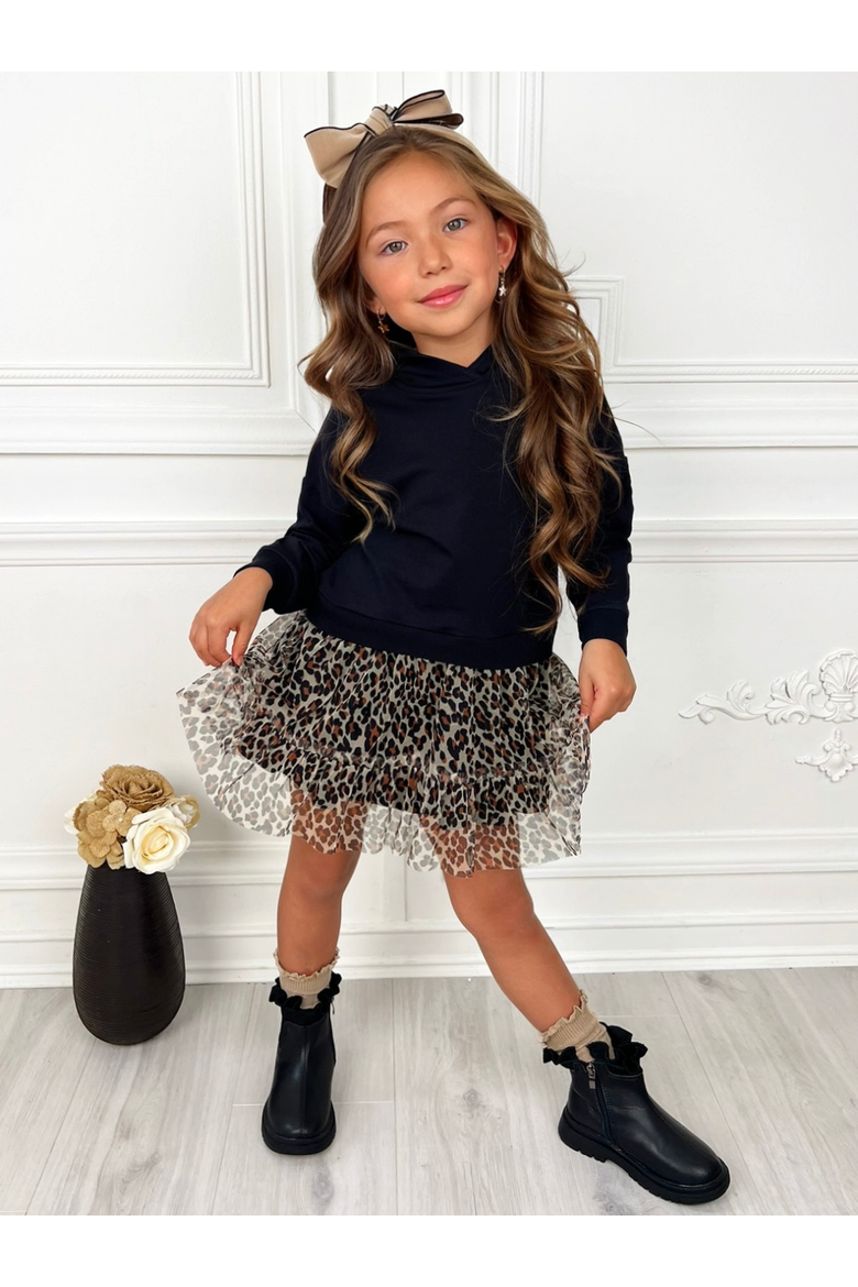 Wild & Cozy Cheetah Hooded Tutu Dress, Main, color, Black
