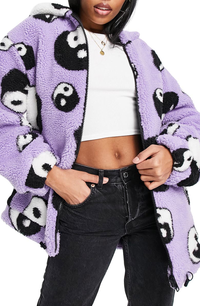 ASOS DESIGN Yin Yang Fleece Hooded Zip Jacket, Main, color,