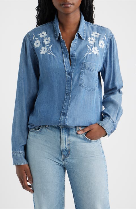 Ingrid Floral Embroidered Chambray Button-Up Shirt