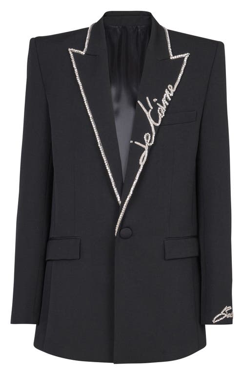 Balmain Love Letter Crystal Piping Wool Grain De Poudre 1-button Jacket In Ehv Black/crystal