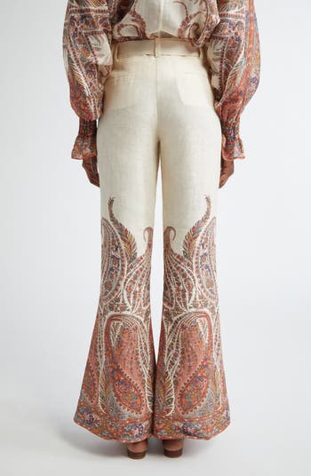 ボトムスその他 ZIMMERMANN Cream Rhiannon trousers with fantasy print Zimmermann Rhiannon Paisley Print Belted Linen Flare Pants