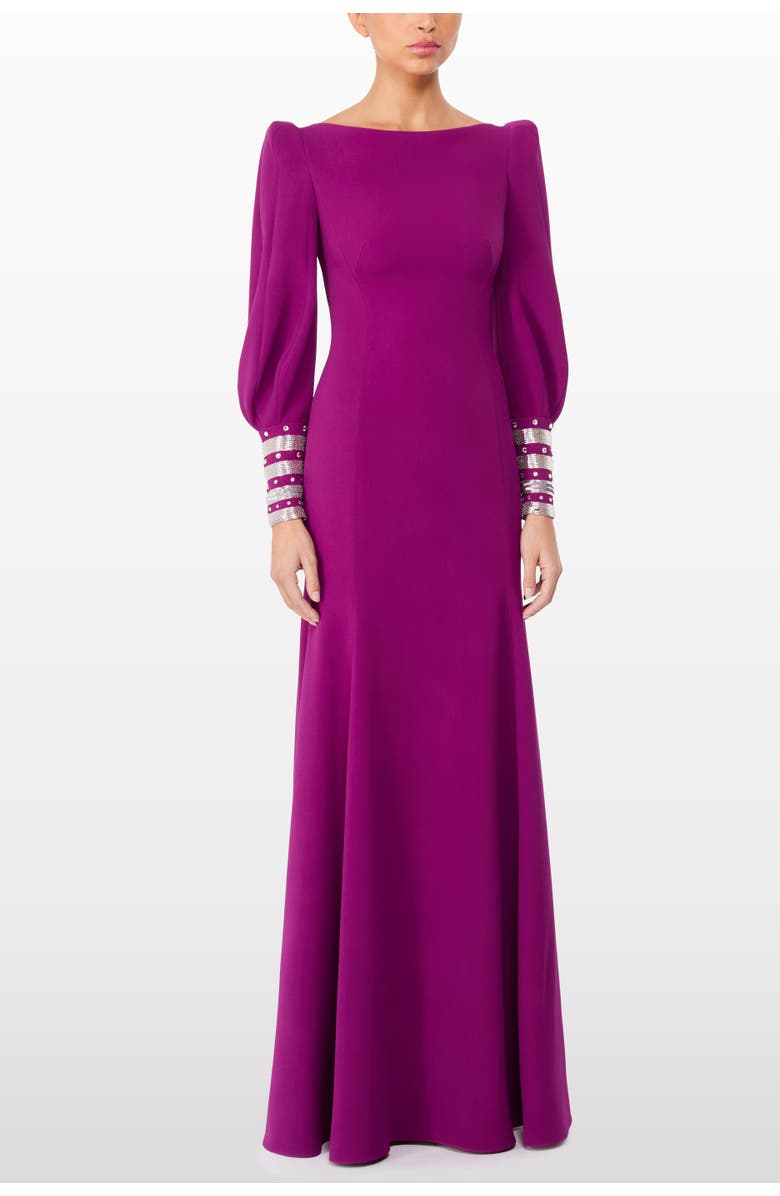 Jenny Packham Francolin Embellished-Cuffs Puff-Sleeve Maxi Dress, Alternate, color, Brassica