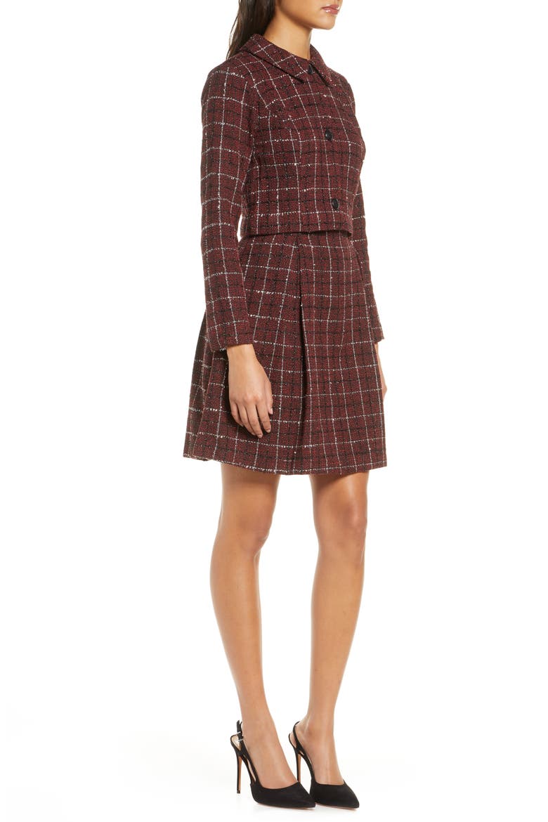 Long Sleeve Mock Two-Piece Tweed Dress, Alternate, color, RED/ BLACK
