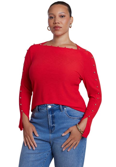 Button Detail Square Neck Knit Top (plus)