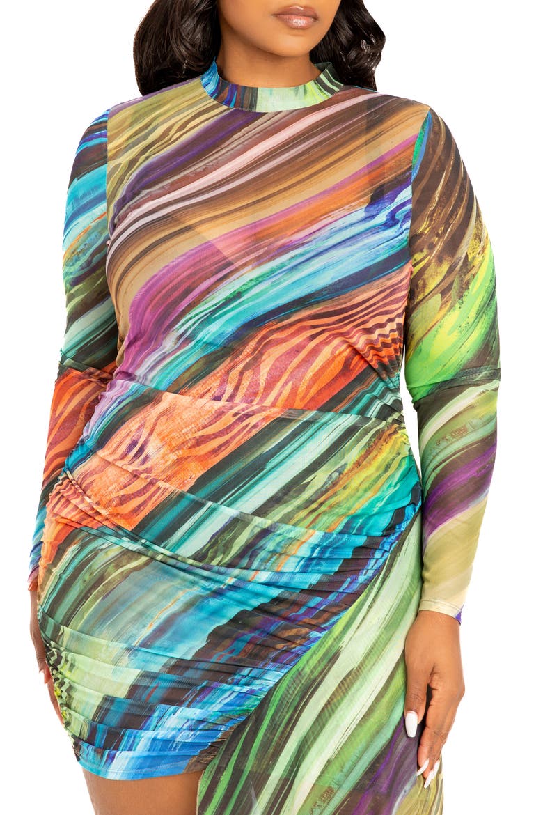 Print Asymmetric Long Sleeve Mesh Midi Dress, Alternate, color, MULTI