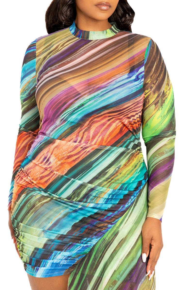 BUXOM COUTURE Print Asymmetric Long Sleeve Mesh Midi Dress, Alternate, color, Multi