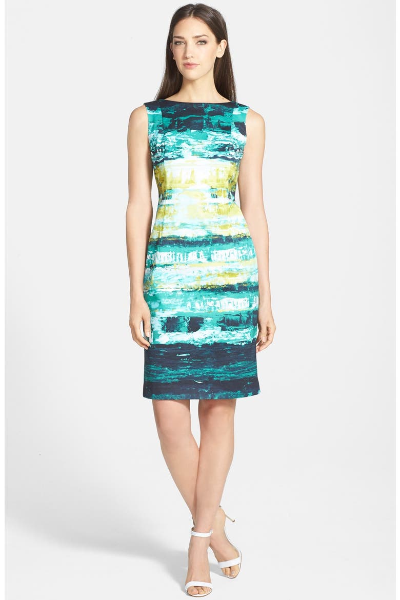'Faith' Stretch Faille Sheath Dress, Main, color, AQUARIUM MULTI